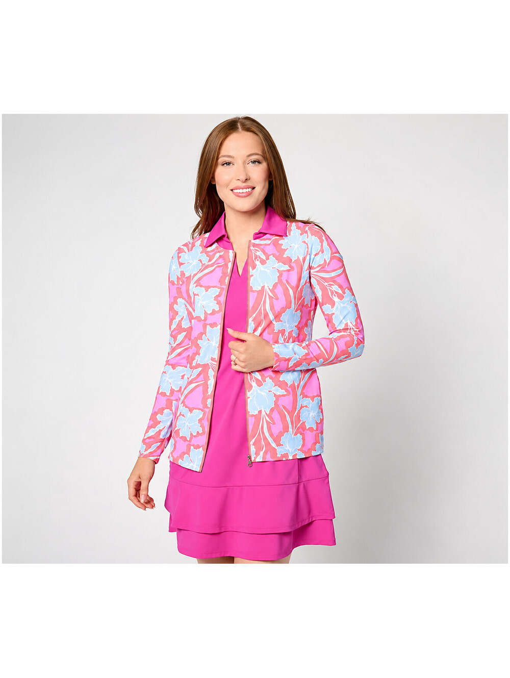Denim & Co. Beach Long Sleeve Zip-Front Swim Cardigan Rose Floral, Size Medium